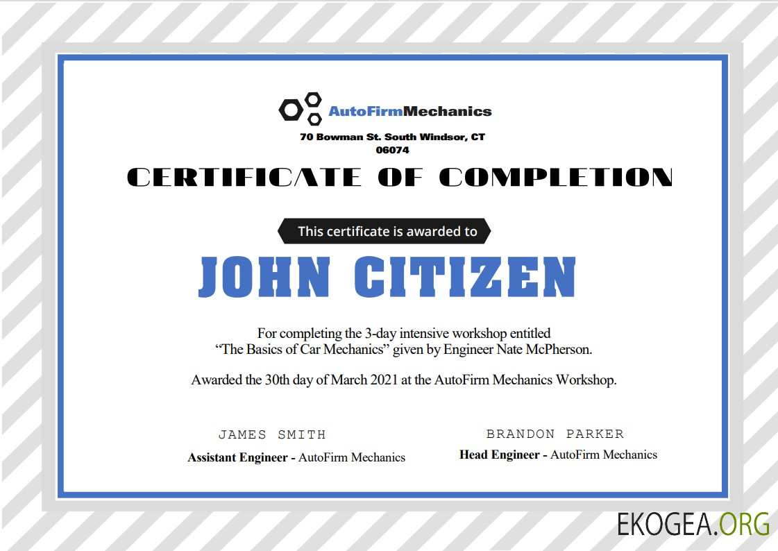 Modèle de certificat d'expérience d'atelier automobile aux États Unis au format Word et PDF